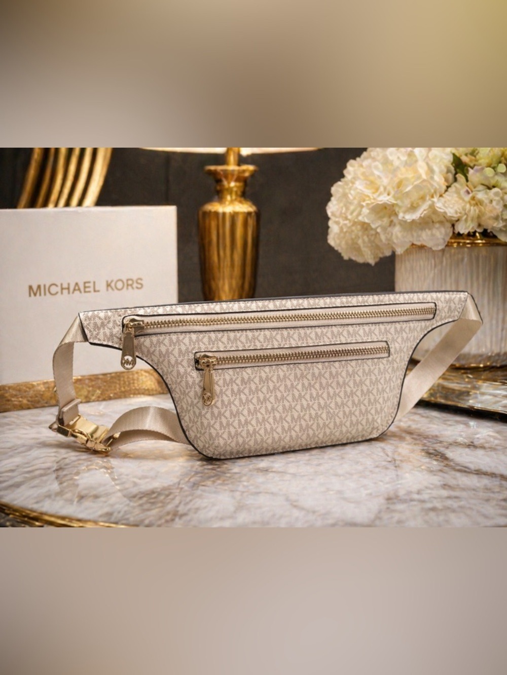 NWOT Michael Kors Belt Bag • Vanilla MK Logo Crossbody Fanny Pack Gold Hardware